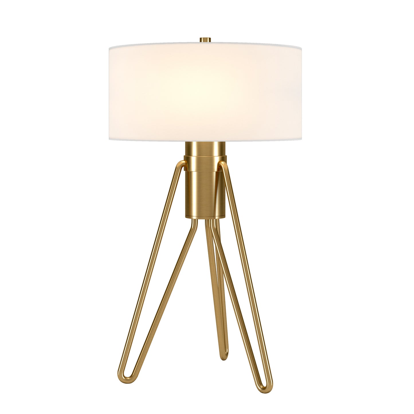 25" Brass Metal Two Light Tripod Table Lamp With White Drum Shade