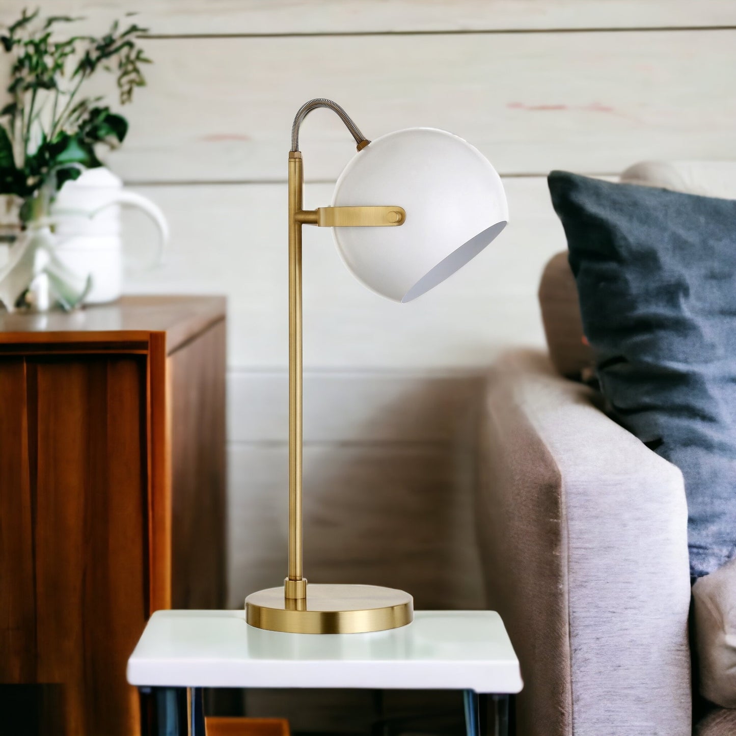 22" Brass Metal Desk Table Lamp With White Bowl Shade