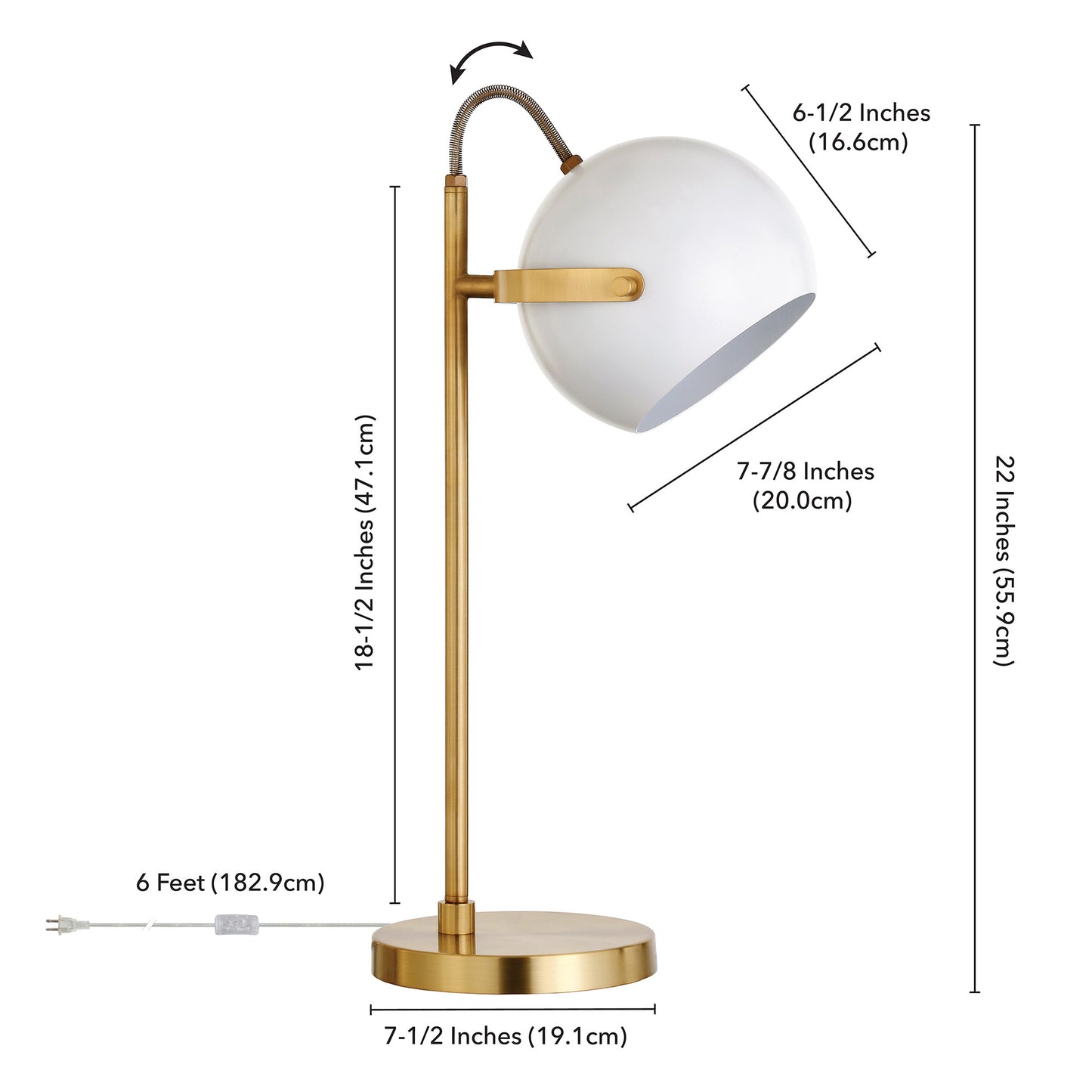 22" Brass Metal Desk Table Lamp With White Bowl Shade