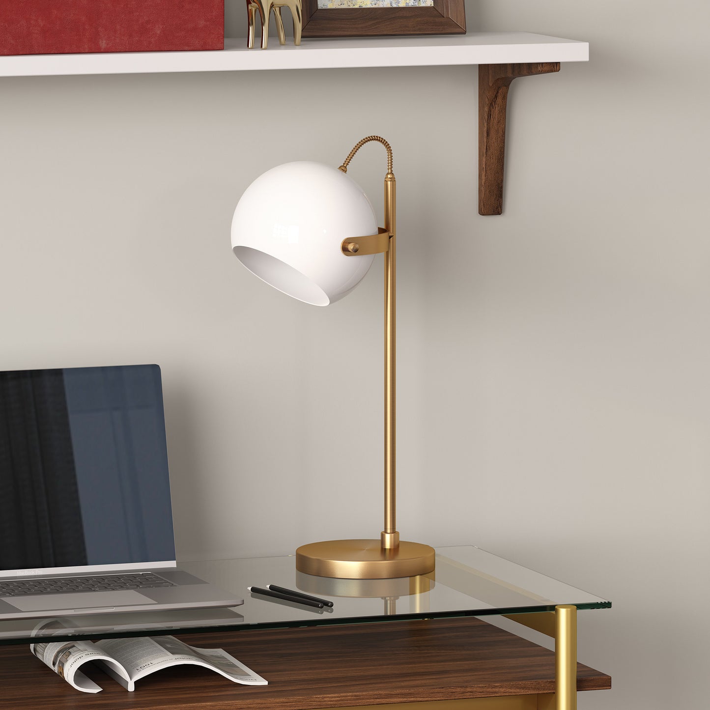 22" Brass Metal Desk Table Lamp With White Bowl Shade