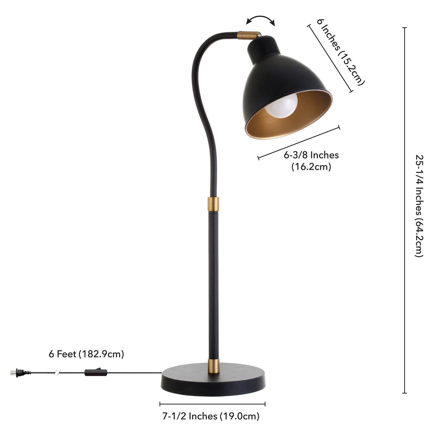 25" Black and Gold Metal Arched Table Lamp With Black Dome Shade
