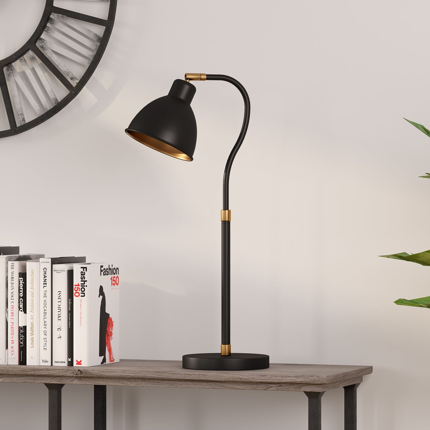 25" Black and Gold Metal Arched Table Lamp With Black Dome Shade