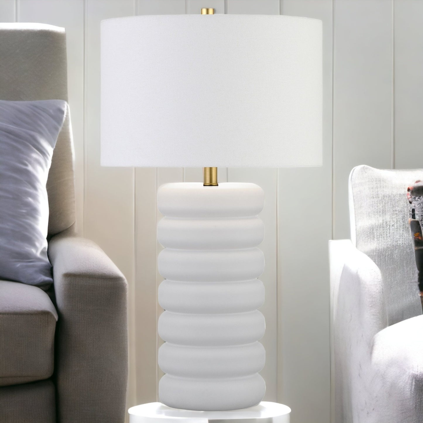 25" White Ceramic Table Lamp With White Drum Shade