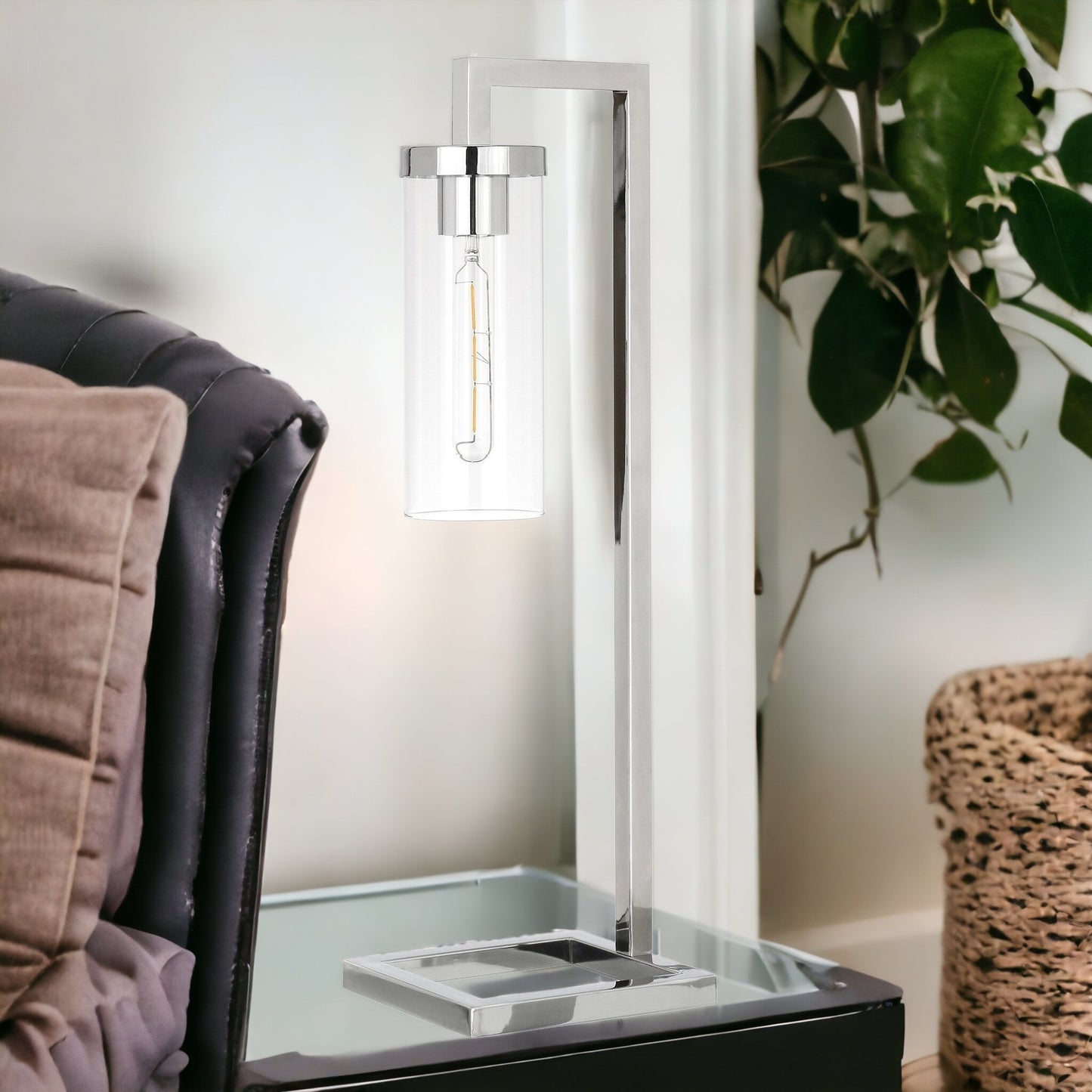 26" Nickel Metal Arched Table Lamp With Clear Cylinder Shade