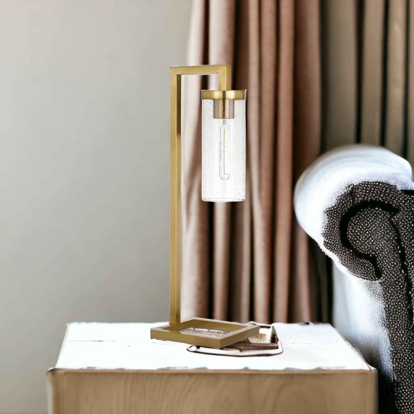 26" Brass Metal Arched Table Lamp With Clear Seeded Cylinder Shade