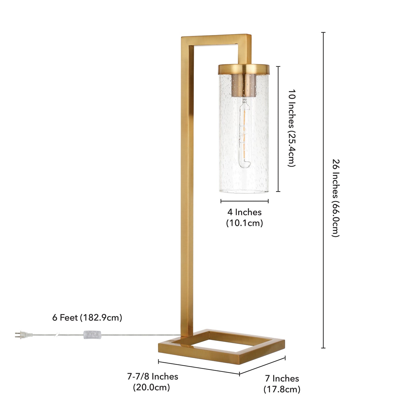 26" Brass Metal Arched Table Lamp With Clear Seeded Cylinder Shade
