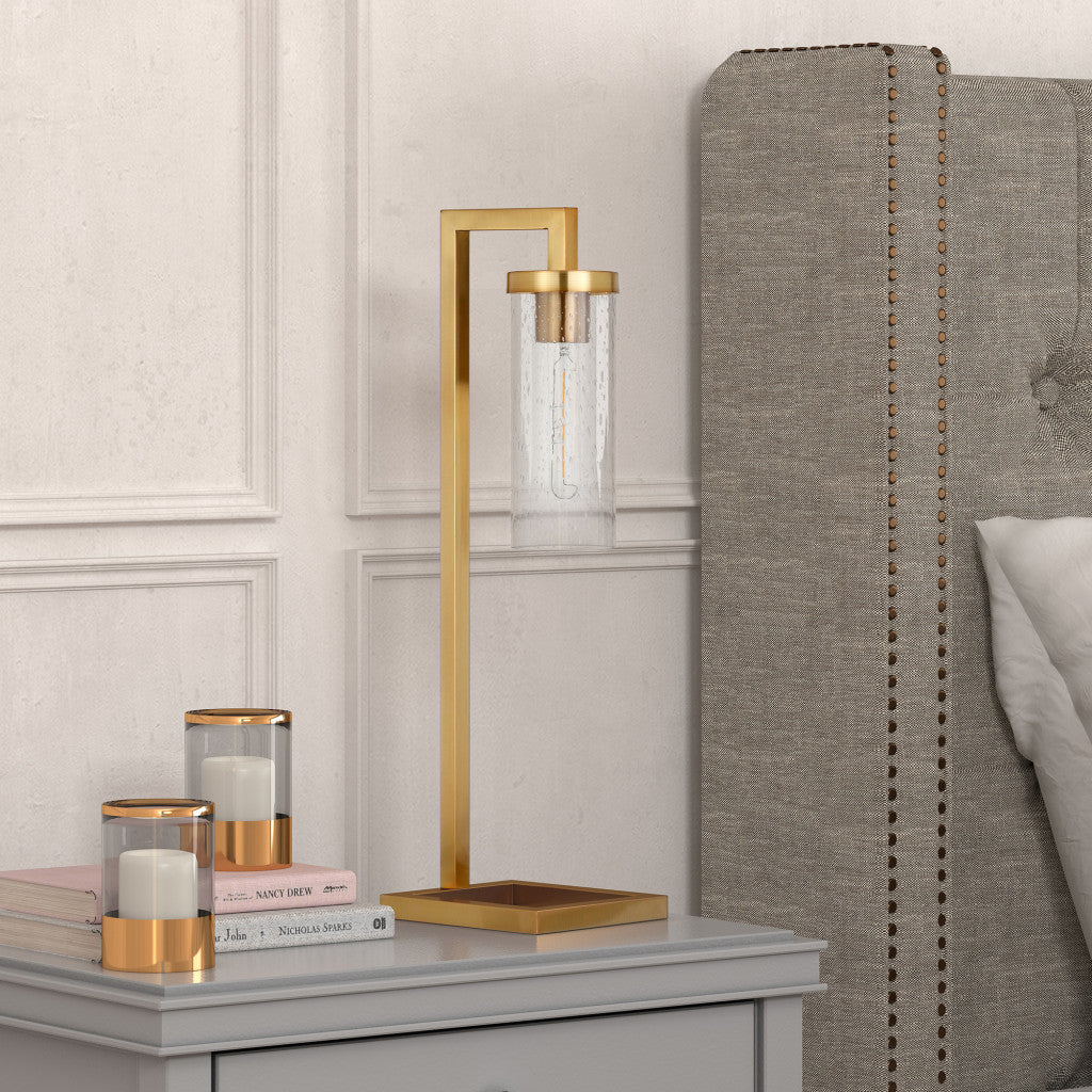 26" Brass Metal Arched Table Lamp With Clear Seeded Cylinder Shade