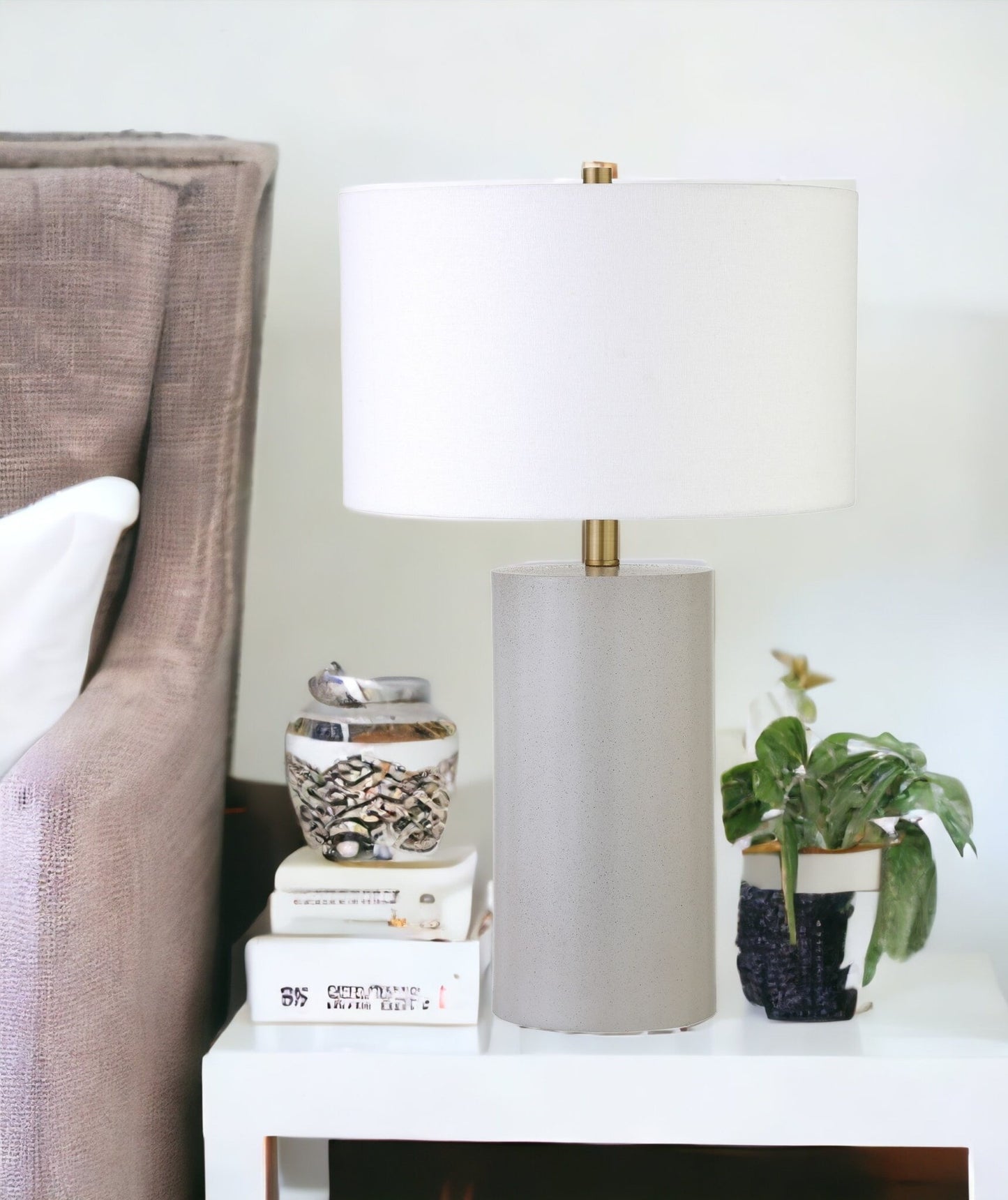 25" White Ceramic Table Lamp With White Drum Shade