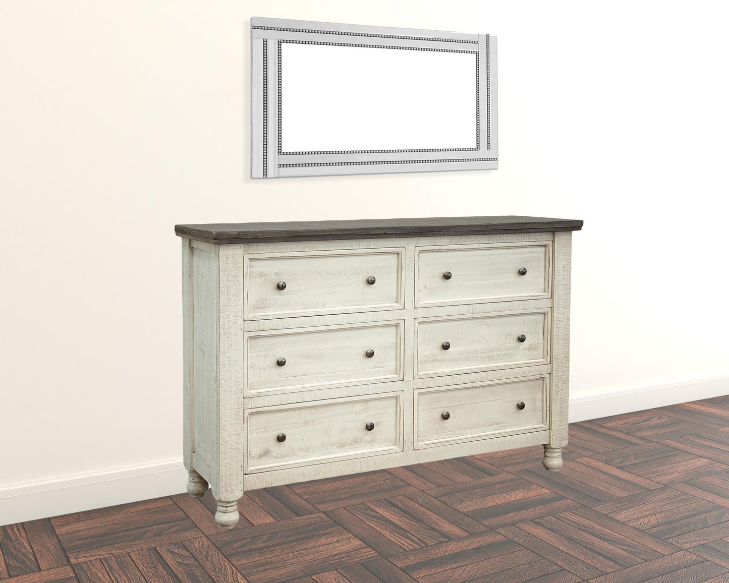 62" Gray and Ivory Solid Wood Six Drawer Double Dresser