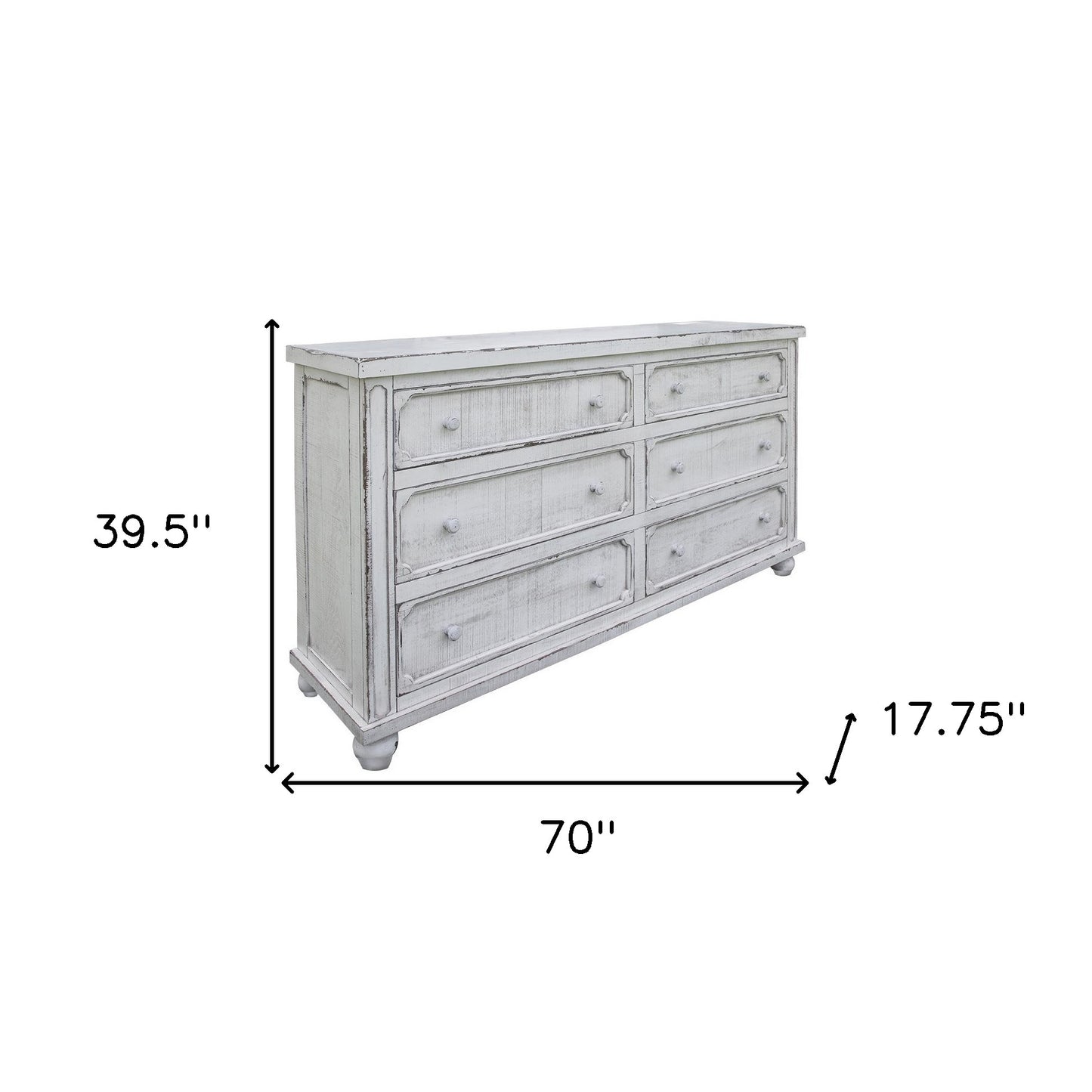 70" Antiqued White Solid Wood Six Drawer Double Dresser