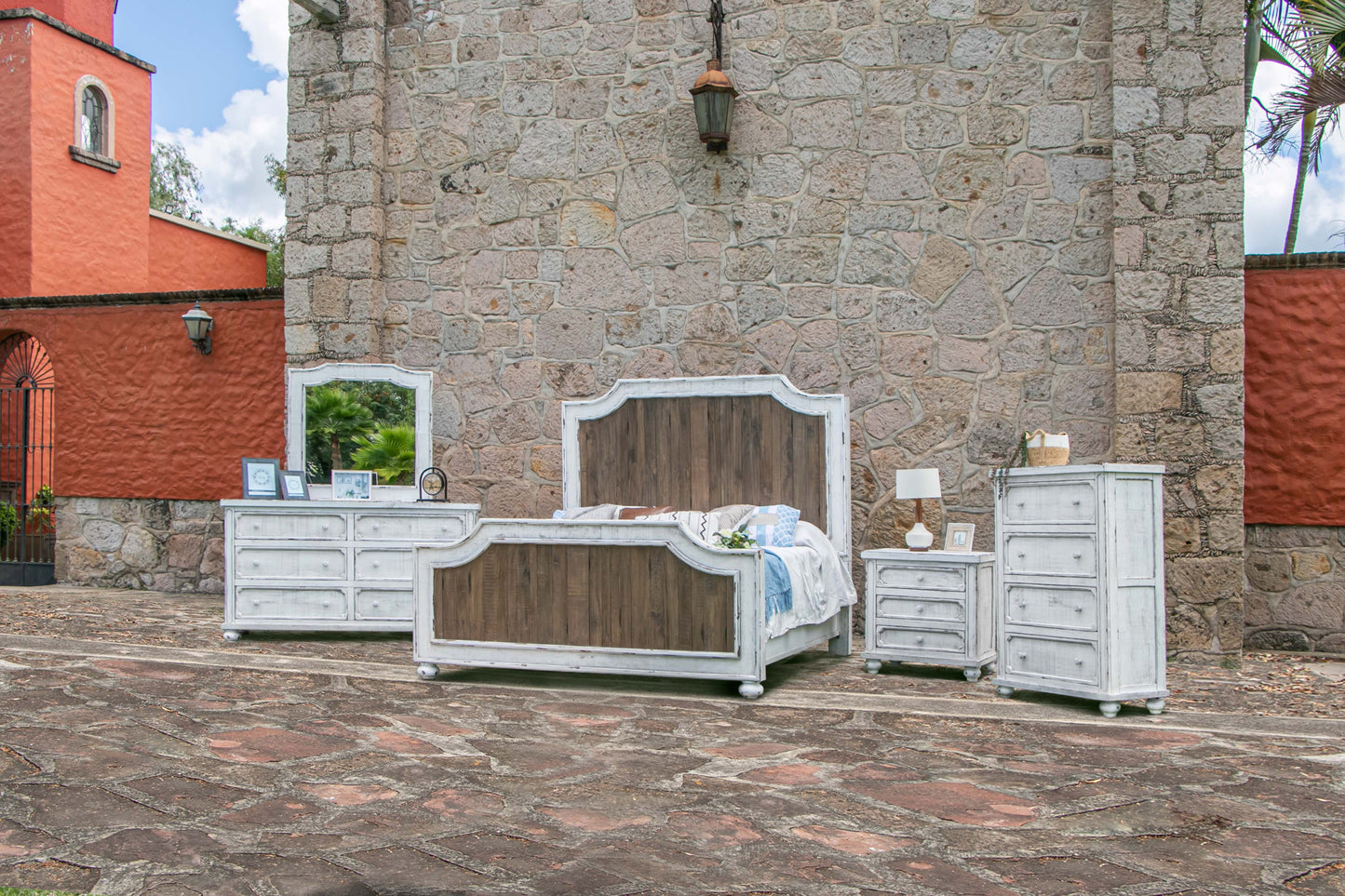 70" Antiqued White Solid Wood Six Drawer Double Dresser