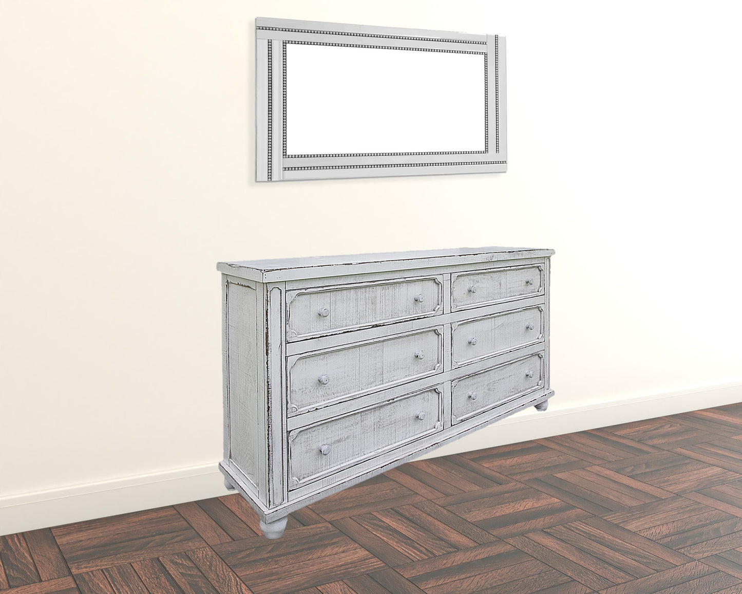 70" Antiqued White Solid Wood Six Drawer Double Dresser