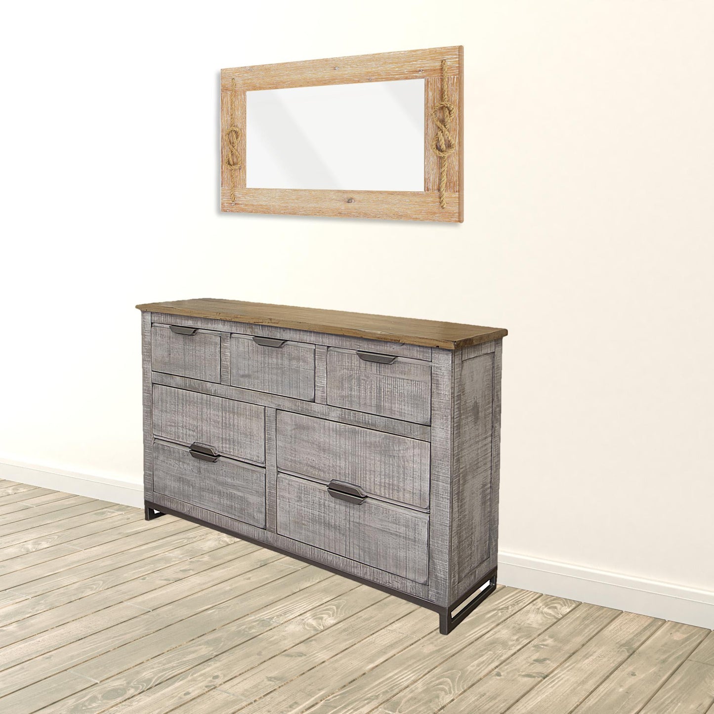 61" Light Gray Solid Wood Seven Drawer Triple Dresser