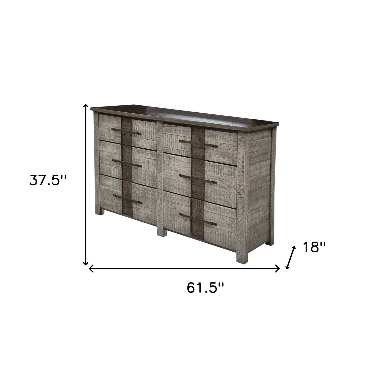 62" Brown Oak and Gray Solid Wood Six Drawer Double Dresser