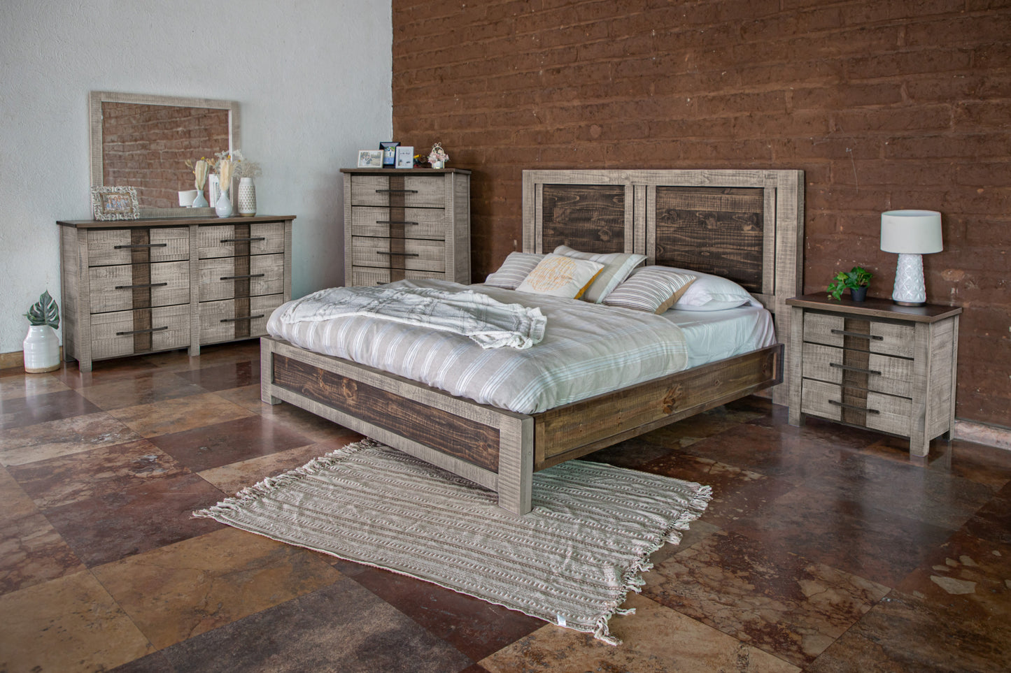 62" Brown Oak and Gray Solid Wood Six Drawer Double Dresser