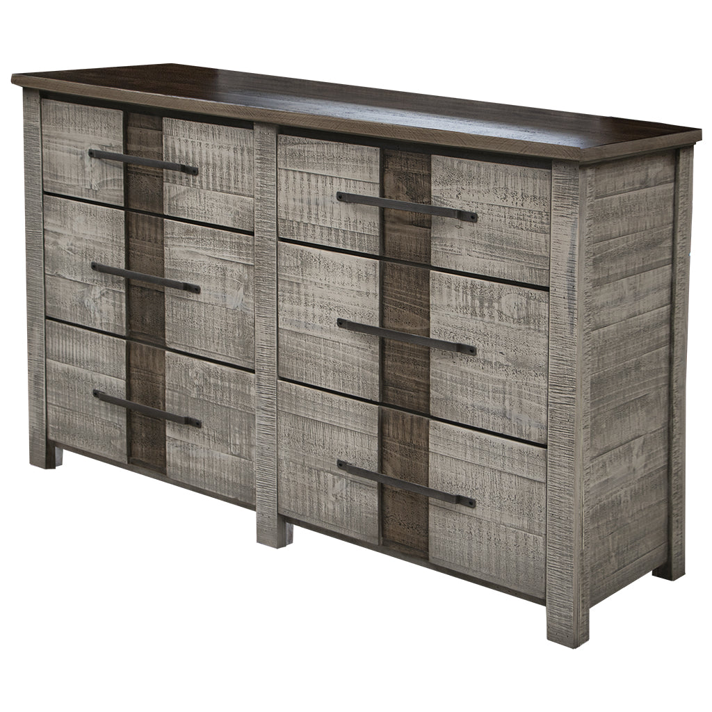 62" Brown Oak and Gray Solid Wood Six Drawer Double Dresser