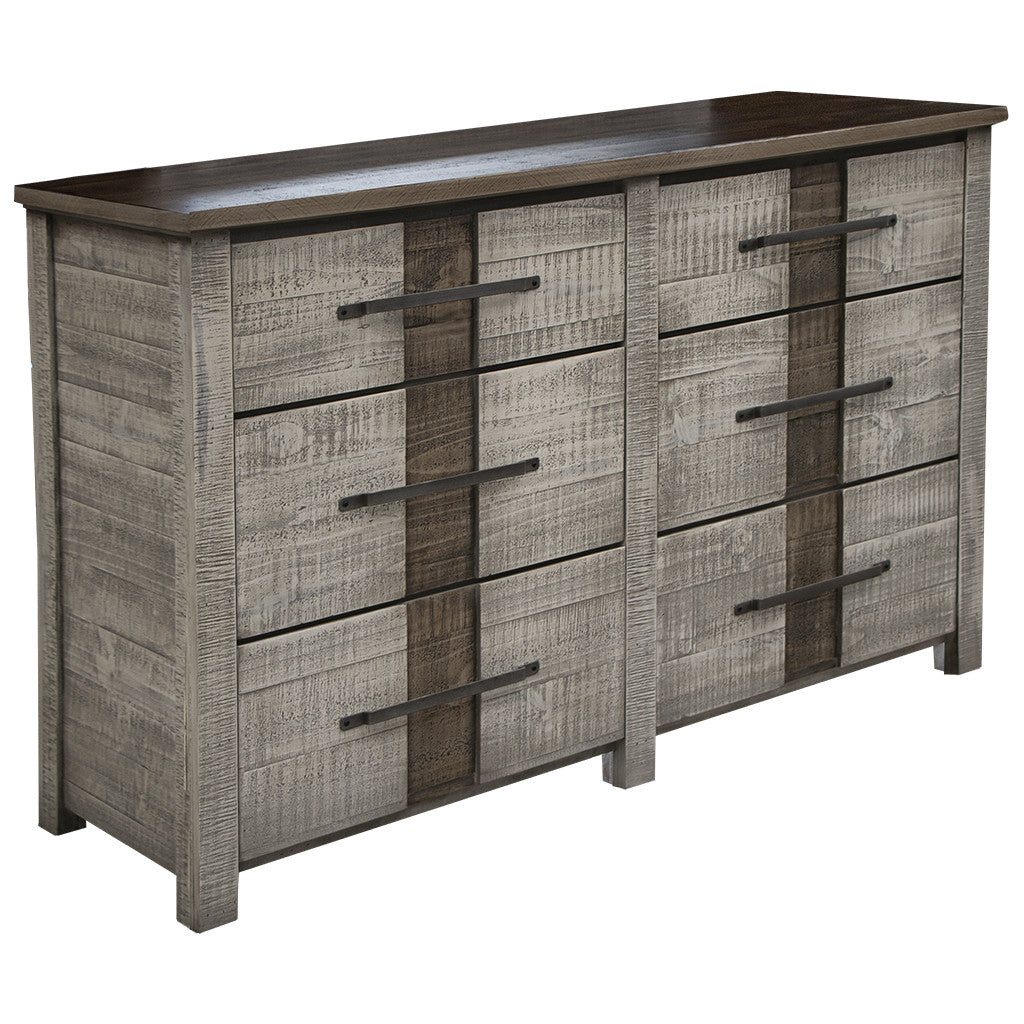 62" Brown Oak and Gray Solid Wood Six Drawer Double Dresser