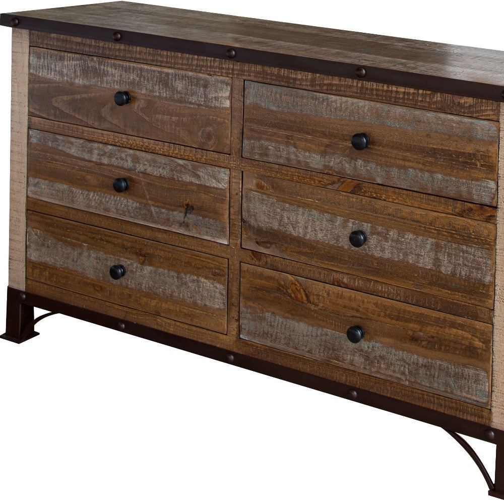 56" Brown Solid Wood Six Drawer Double Dresser