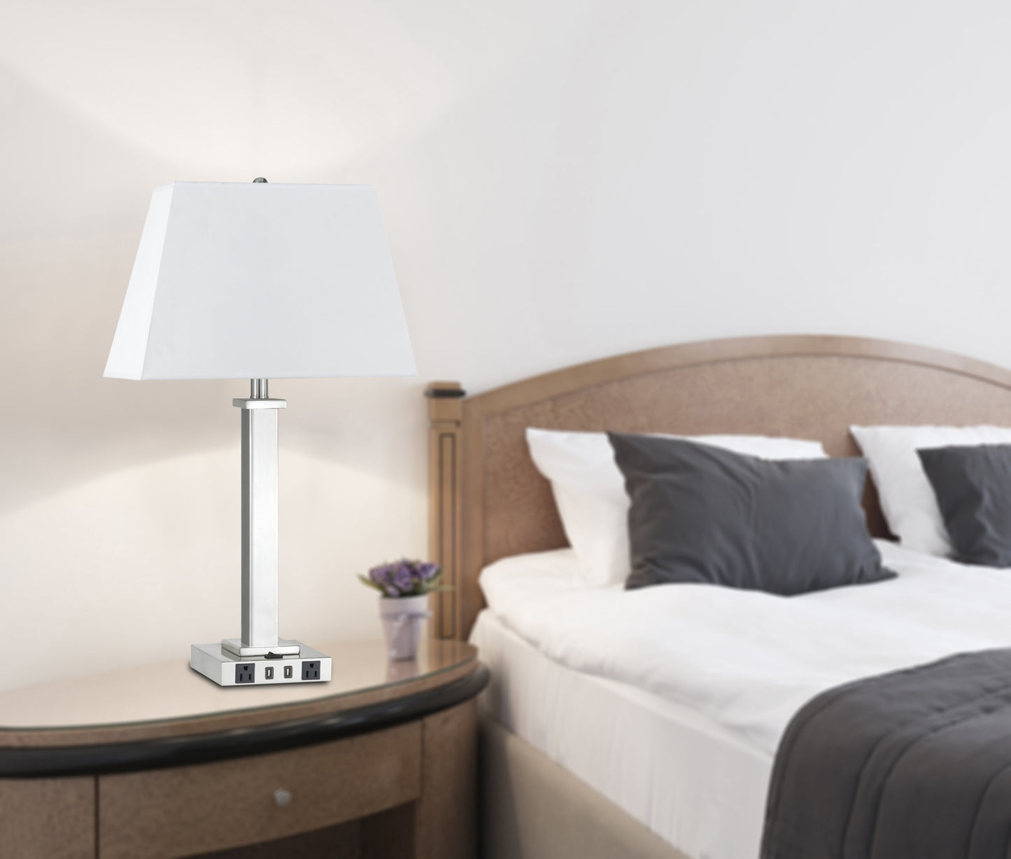 28" Nickel Metal Usb Table Lamp With White Novelty Shade