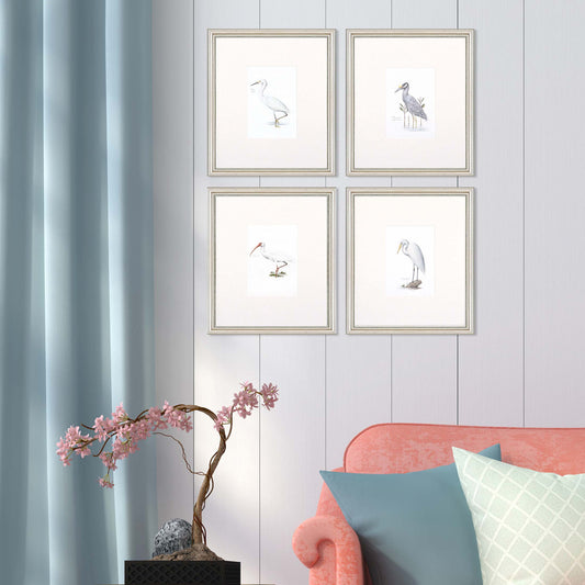 Set Of Four Egrets S/4 Silver Framed Print Wall Art