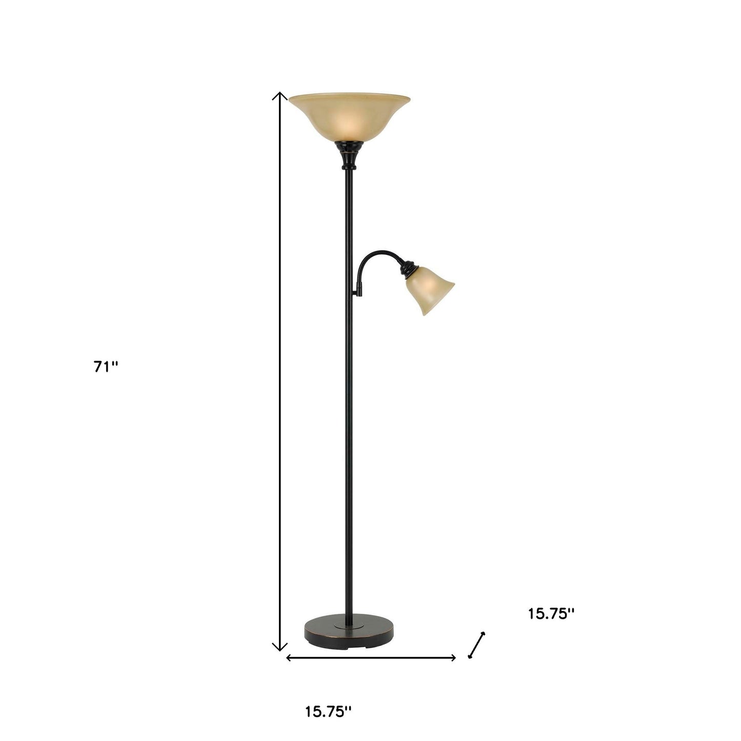 71" Bronze Two Light Torchiere Floor Lamp With Brown Frosted Glass Dome Shade