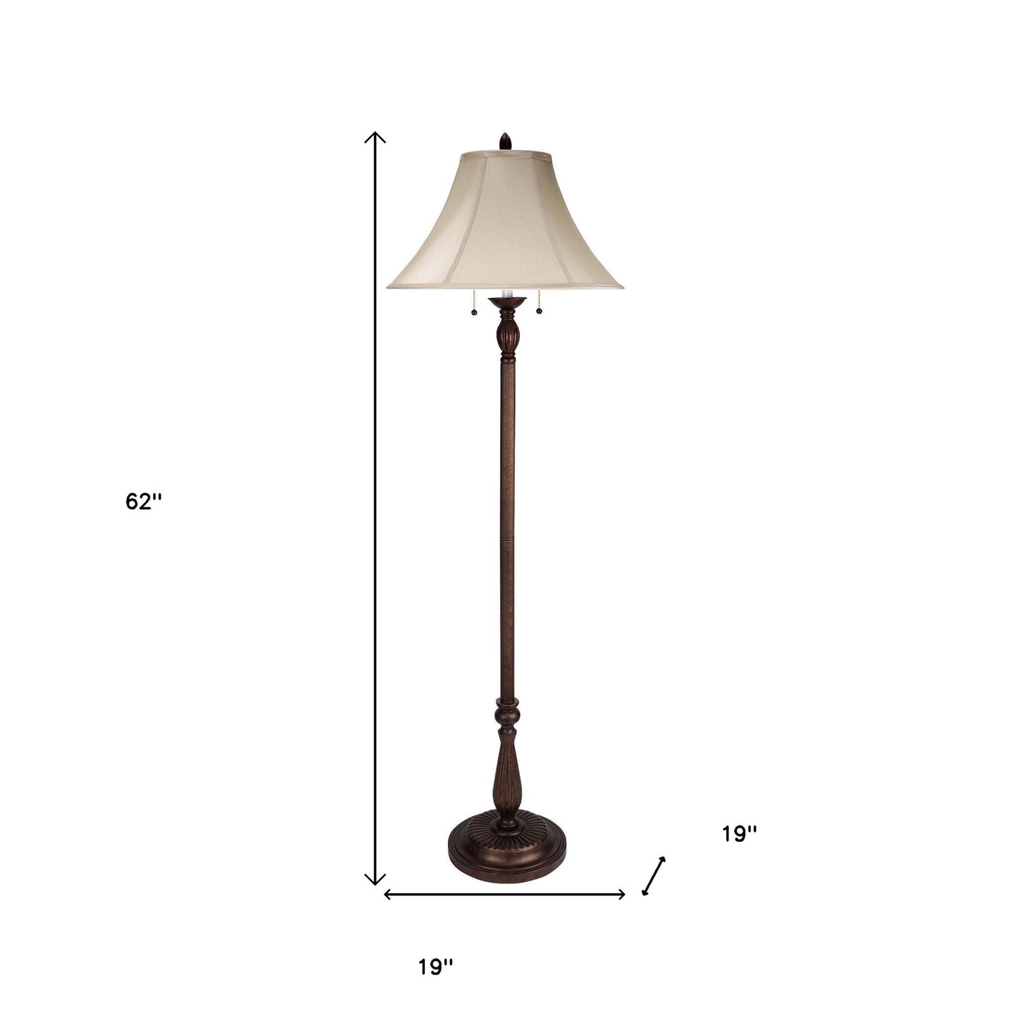 62" Rusted Two Light Traditional Shaped Floor Lamp With Champagne Bell Shade