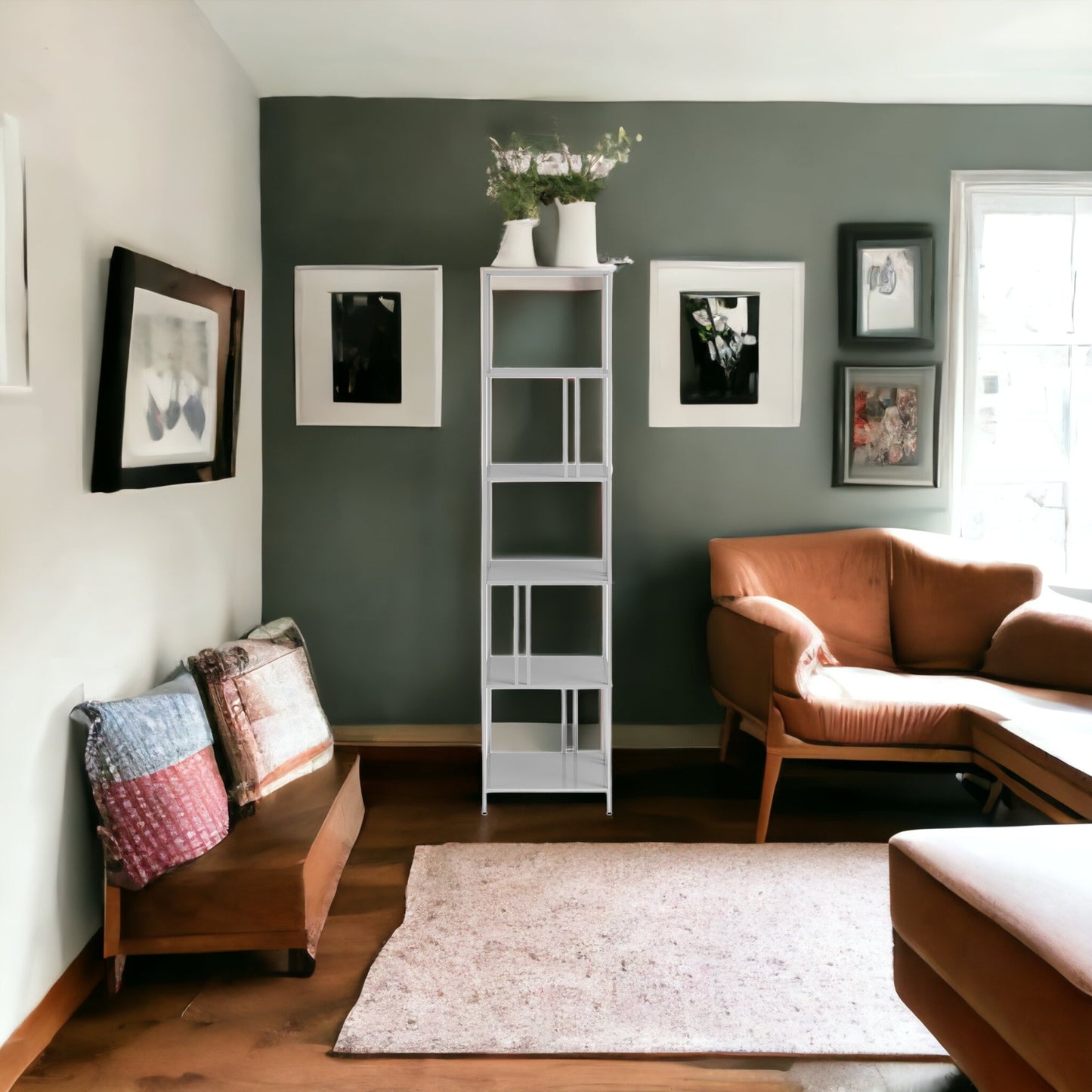 76" Silver Metal Five Tier Etagere Bookcase