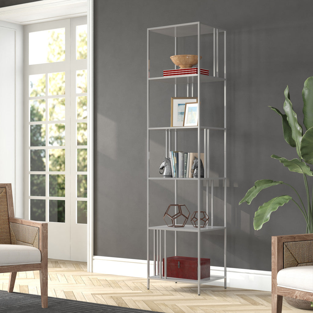 76" Silver Metal Five Tier Etagere Bookcase