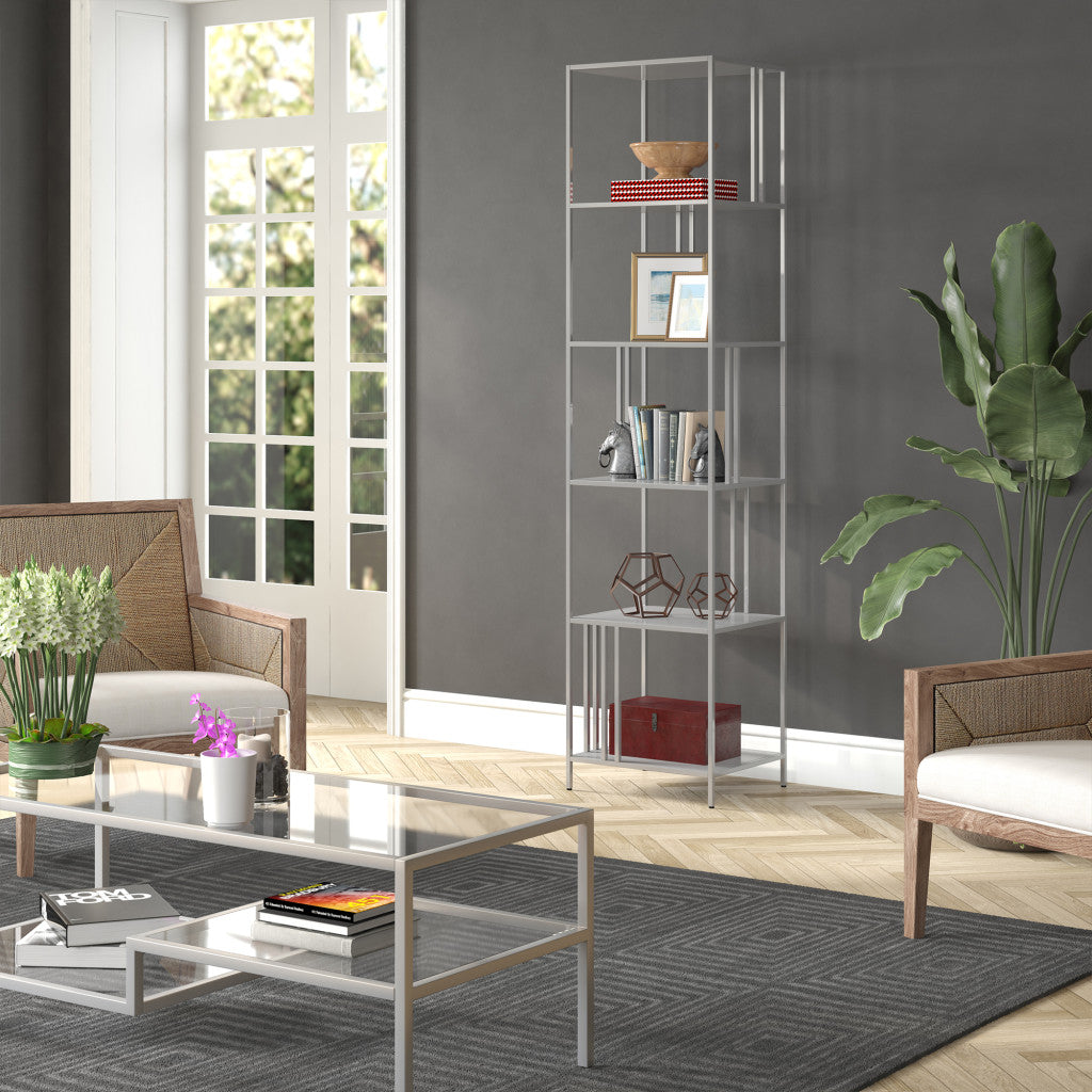 76" Silver Metal Five Tier Etagere Bookcase
