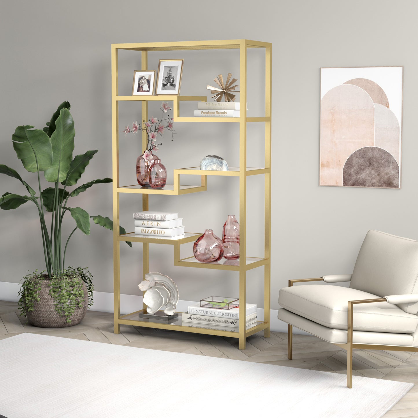 68" Gold Metal And Glass Seven Tier Etagere Bookcase