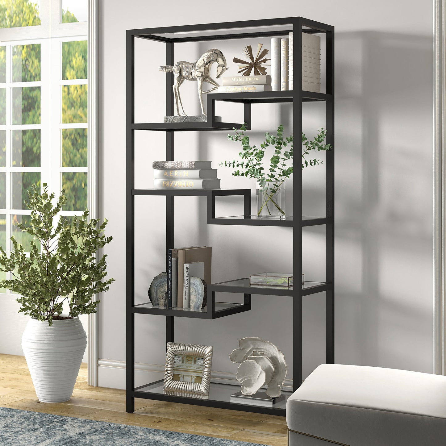 68" Black Metal And Glass Seven Tier Etagere Bookcase