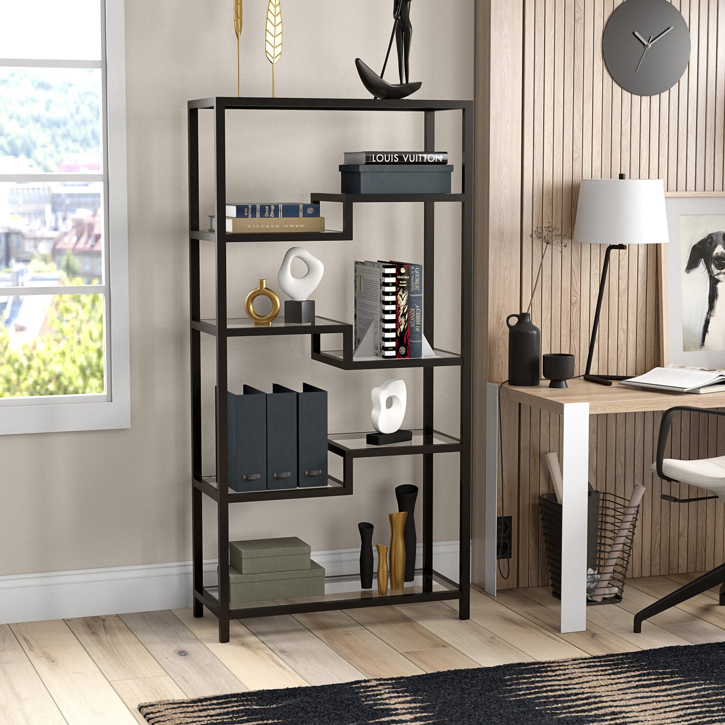 68" Black Metal And Glass Seven Tier Etagere Bookcase