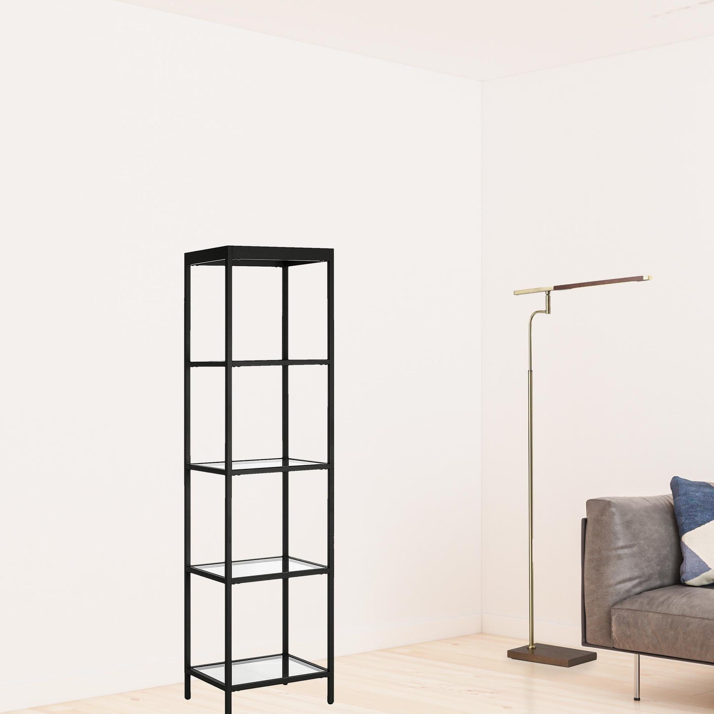 70" Black Metal And Glass Four Tier Standard Bookcase