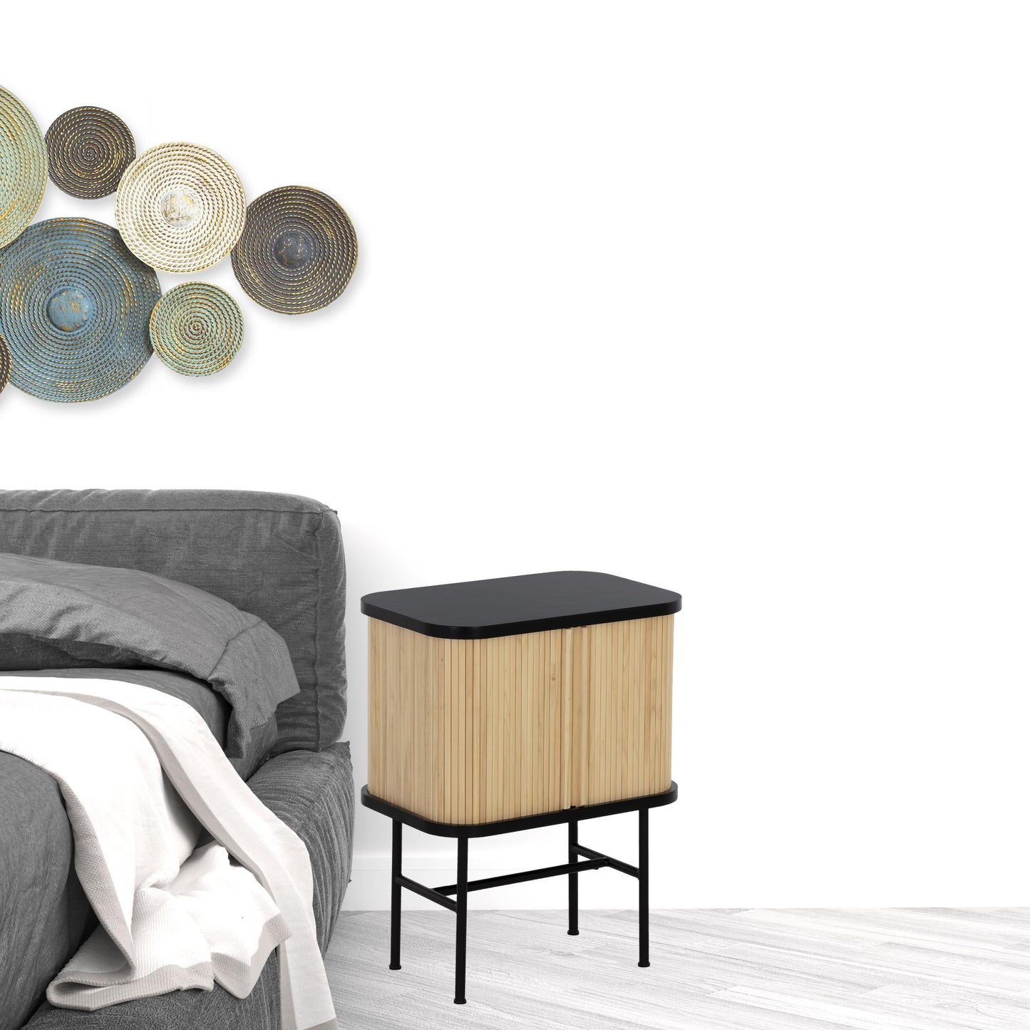 24" Natural and Black Modern Sliding Door Nightstand