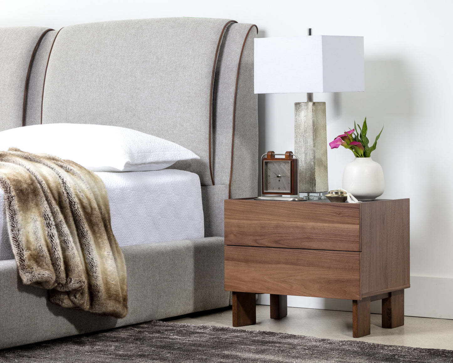 20" Walnut Brown and Gray Faux Marble Two Drawer Nightstand