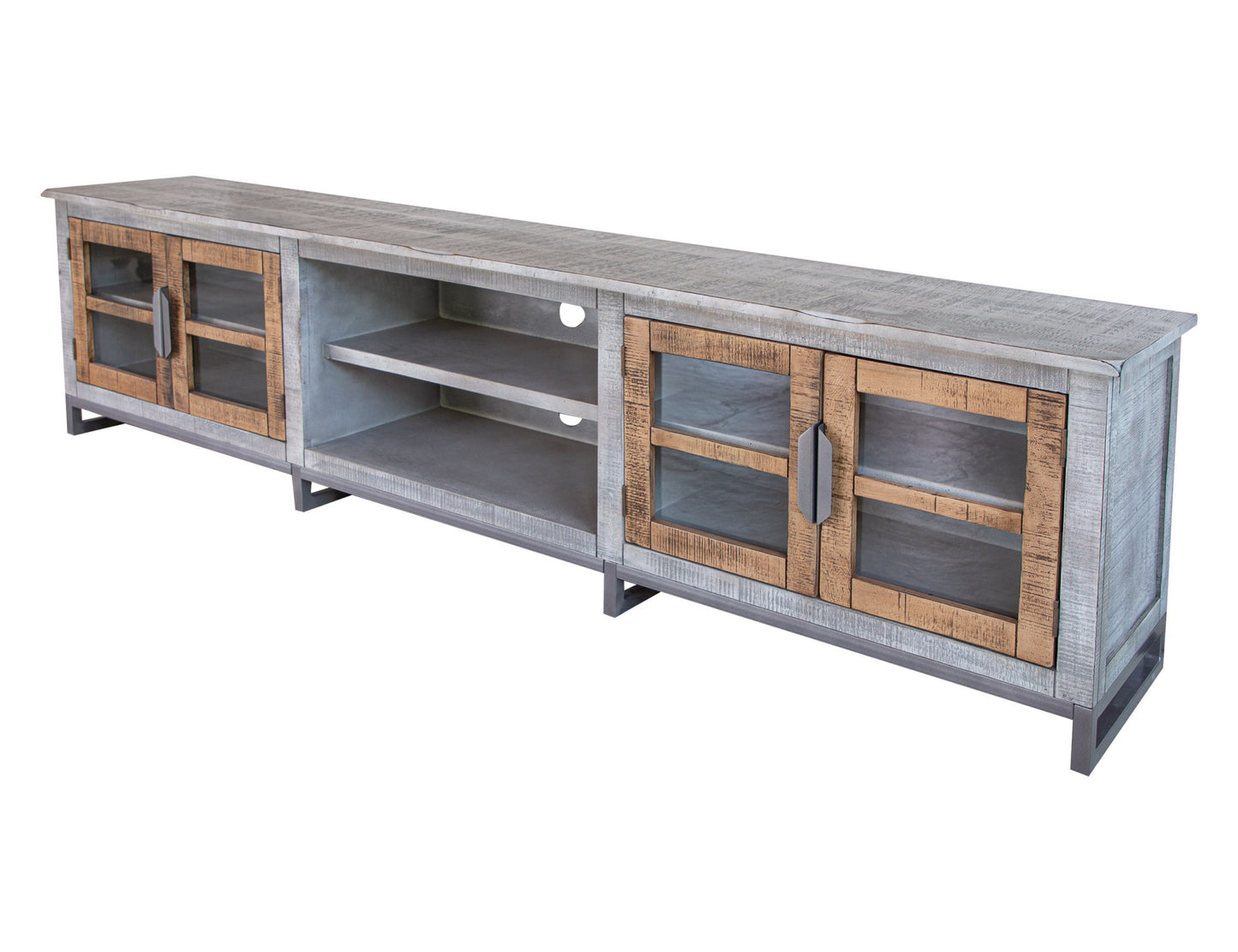 93" Gray Solid Wood Cabinet Enclosed Storage Distressed TV Stand