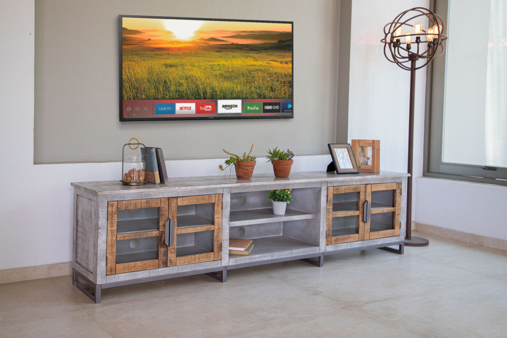 93" Gray Solid Wood Cabinet Enclosed Storage Distressed TV Stand
