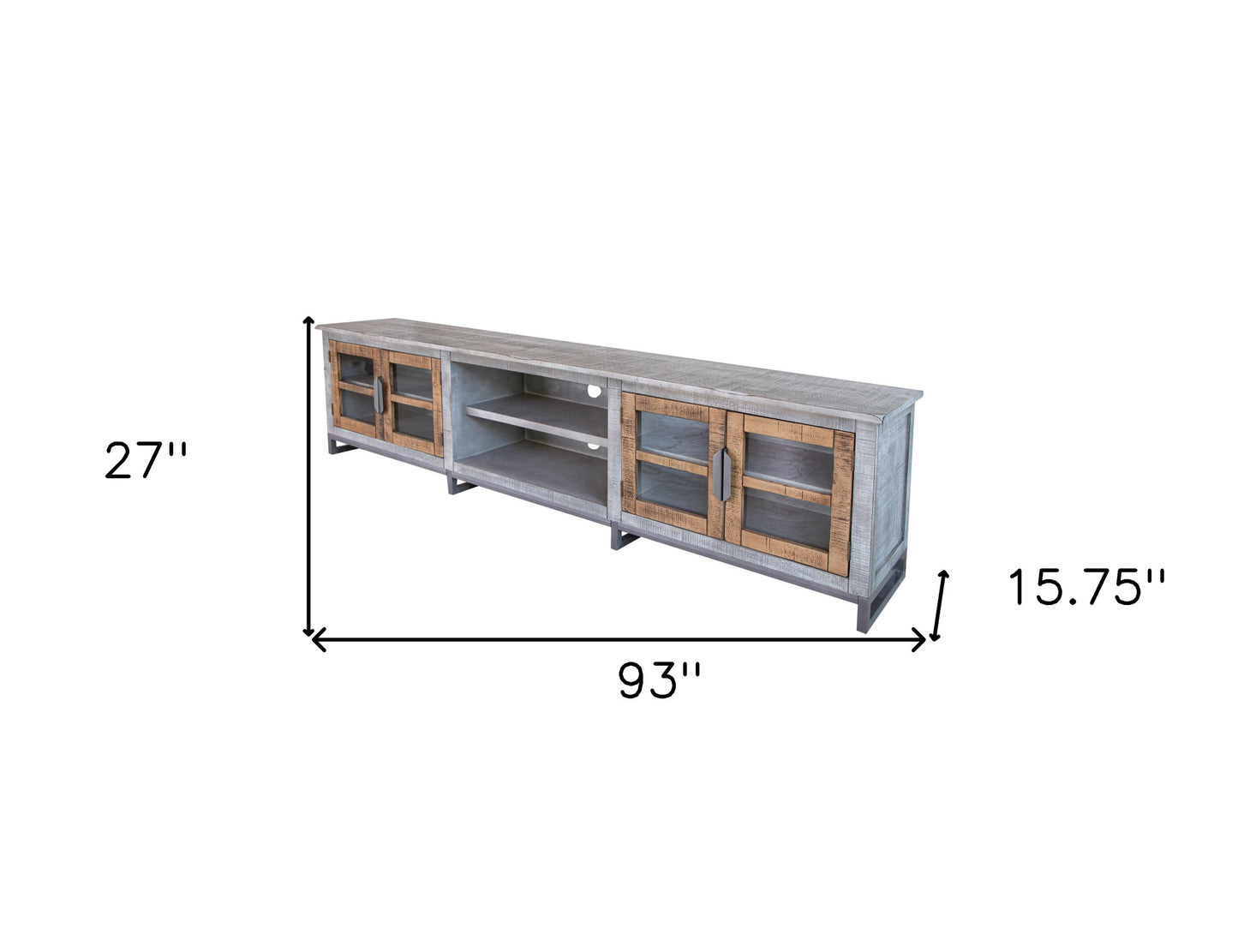 93" Gray Solid Wood Cabinet Enclosed Storage Distressed TV Stand