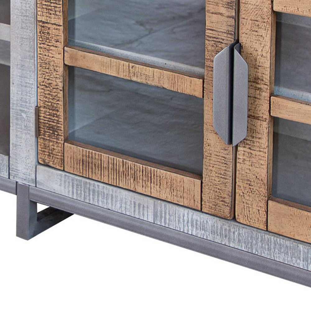 93" Gray Solid Wood Cabinet Enclosed Storage Distressed TV Stand