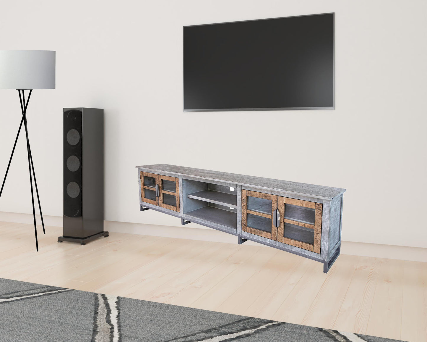 93" Gray Solid Wood Cabinet Enclosed Storage Distressed TV Stand