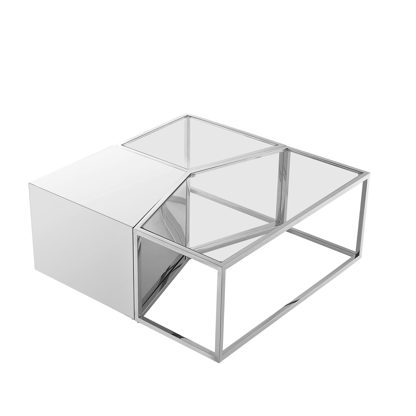 Set of Three 37" Clear And Gold Glass And Stainless Steel Mirrored Bunching Coffee Tables