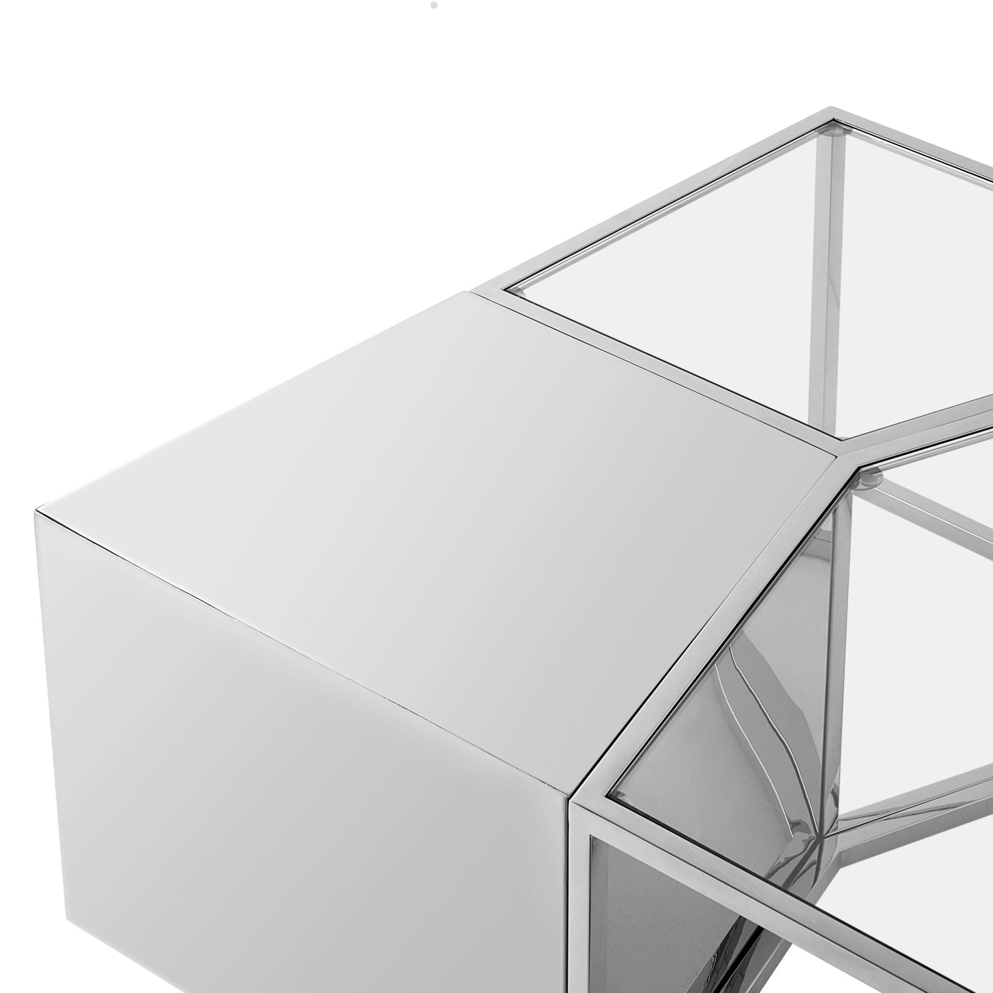 Set of Three 37" Clear And Gold Glass And Stainless Steel Mirrored Bunching Coffee Tables