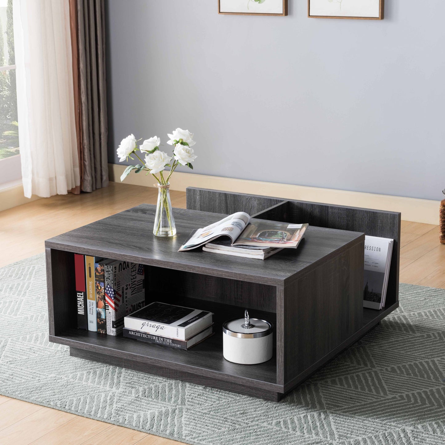 36" Gray Square Distressed Coffee Table With Shelf