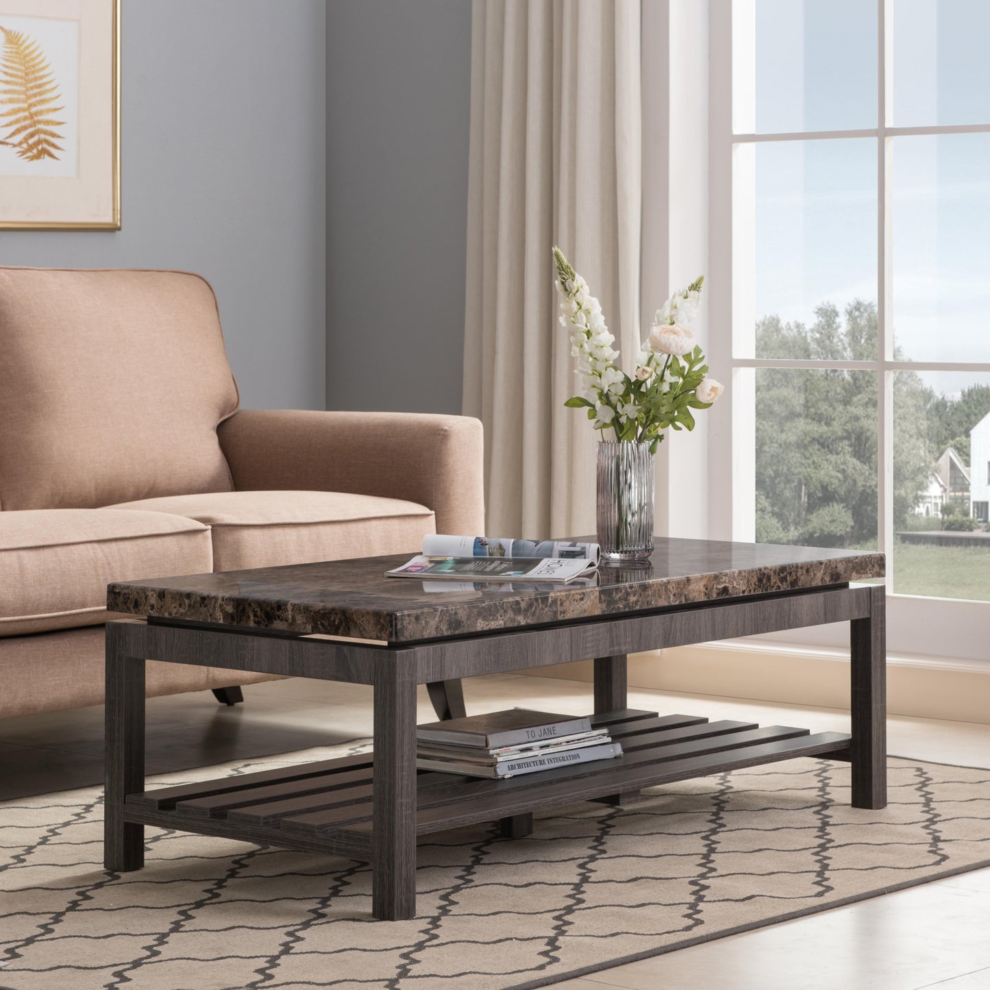 47" Brown And Gray Distressed Coffee Table With Shelf