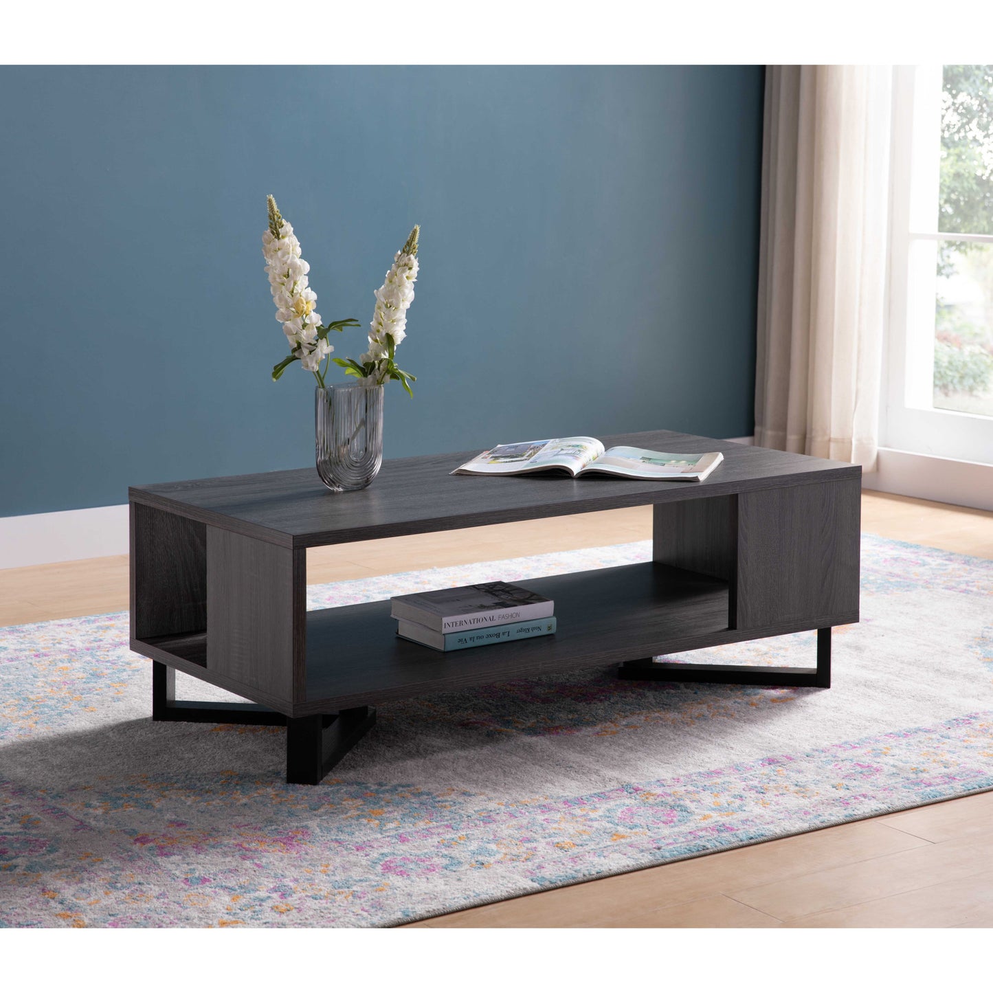 47" Gray And Black Distressed Coffee Table With Shelf