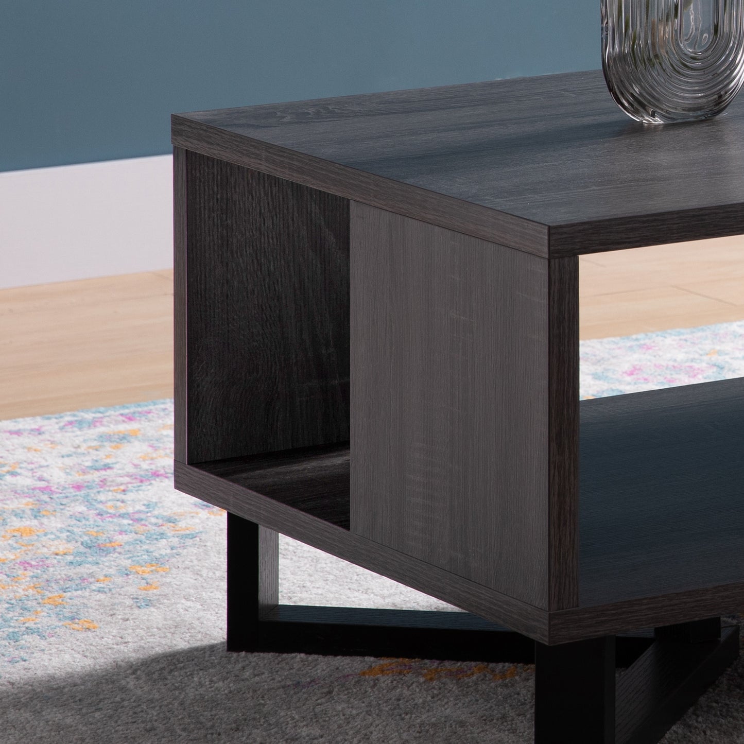 47" Gray And Black Distressed Coffee Table With Shelf
