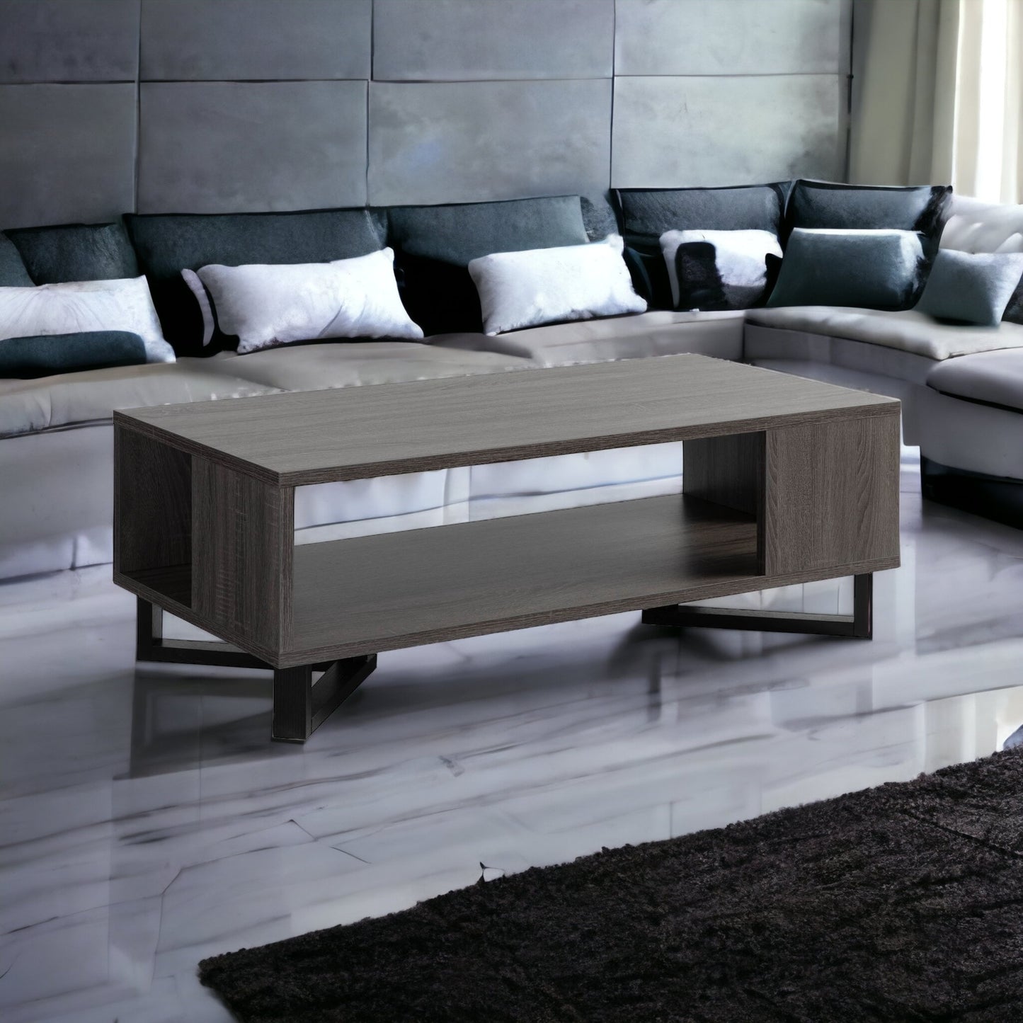47" Gray And Black Distressed Coffee Table With Shelf