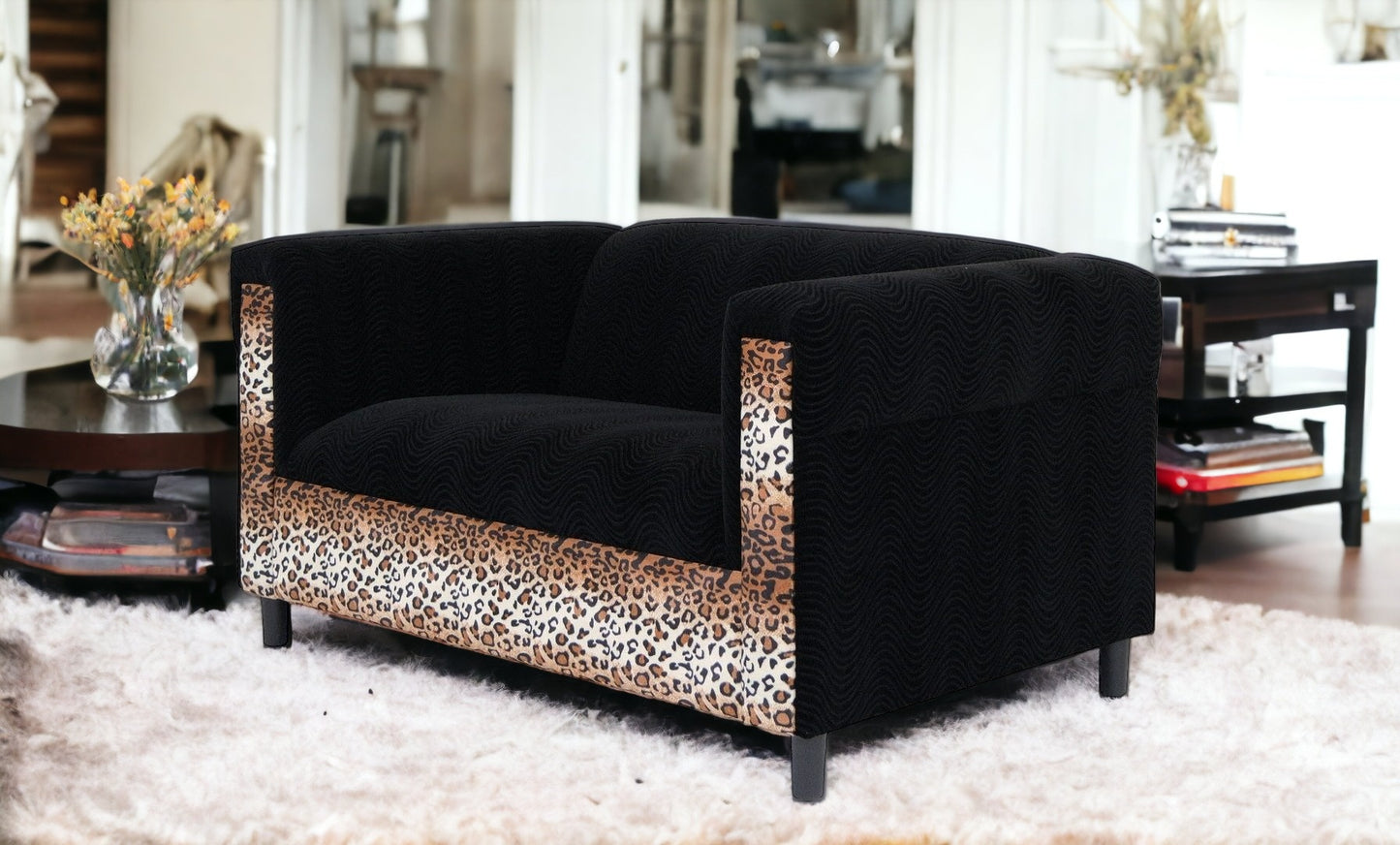 72" Black and Leopard Velvet Love Seat