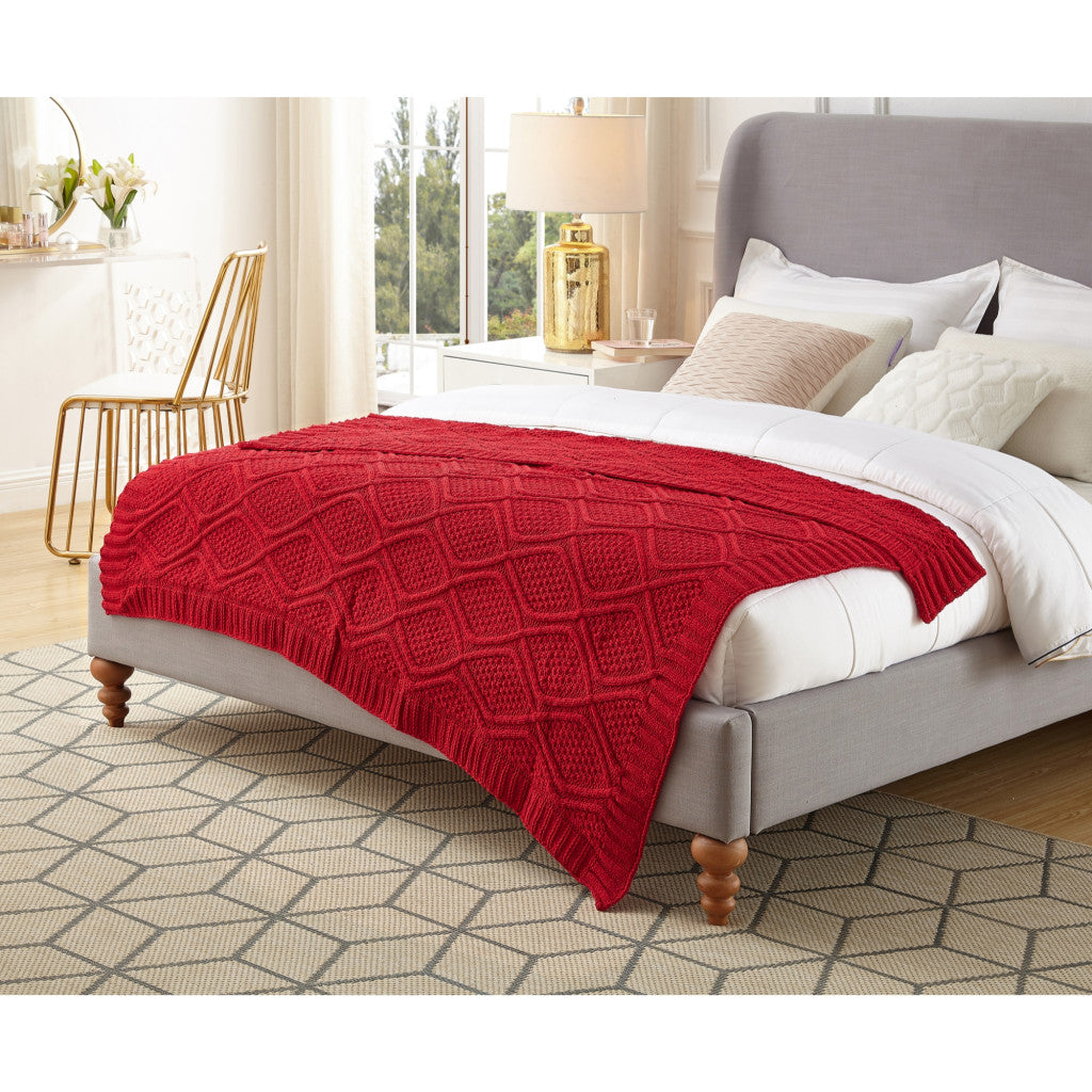 Red Knitted Polyester Solid Color Throw Blanket