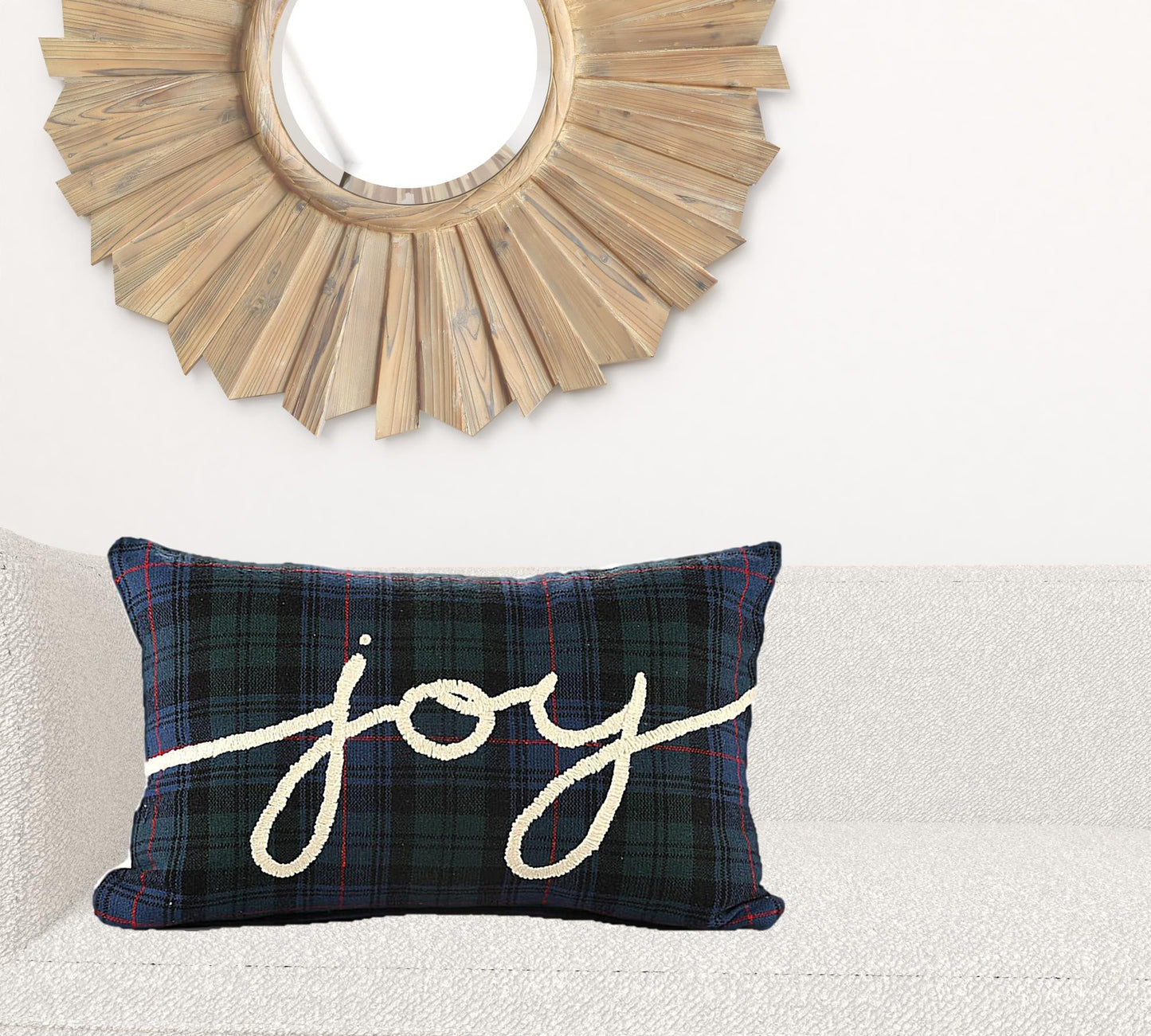 16" X 24" Blue and Black Christmas Plaid Cotton Zippered Pillow With Embroidery